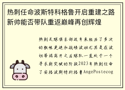 热刺任命波斯特科格鲁开启重建之路新帅能否带队重返巅峰再创辉煌